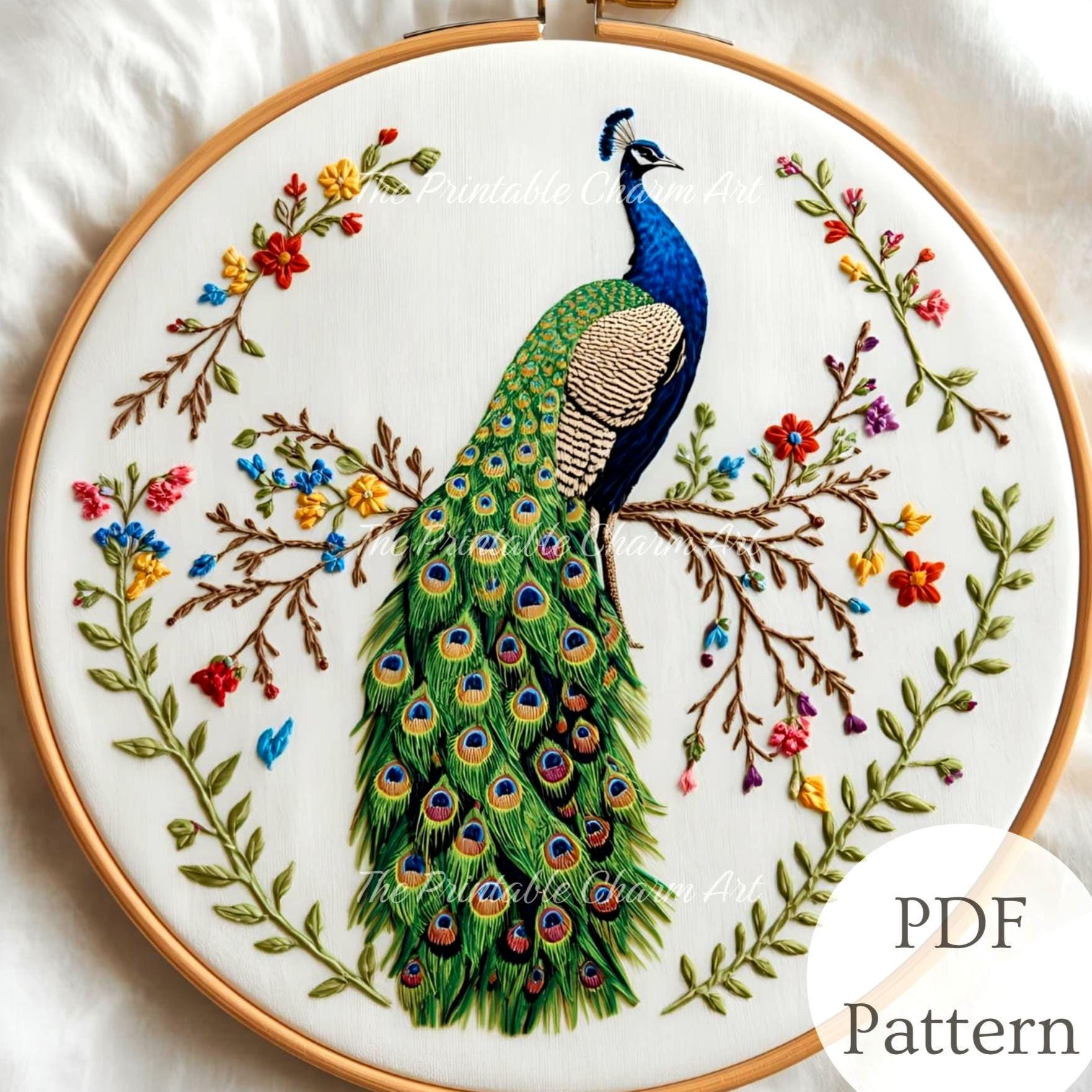 孔雀の刺繍パターン：華やかな鳥、自然のステッチ（PDFダウンロード 