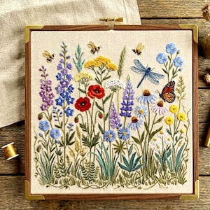 Wildflower Meadow Embroidery Pattern | Butterfly Dragonfly Botanical Hoop Art (PDF Download)