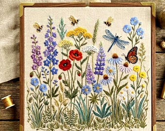 May include: A square embroidery hoop containing a piece of beige fabric with a detailed needlepoint design of various wildflowers, including red poppies, purple lupines, and blue delphiniums, accented by bees, a dragonfly, and a butterfly.
