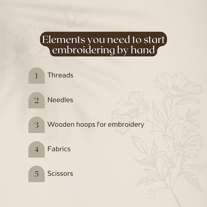 May include: A beige graphic with the text "Elements you need to start embroidering by hand." The list includes threads, needles, wooden hoops, fabrics, and scissors. Floral illustrations are in the background.
