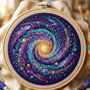Könnte beinhalten: Ein runder Stickrahmen mit einem dunkelblauen Stoffeinsatz, der ein handgesticktes Galaxienmotiv zeigt. Das Spiralmuster besteht aus leuchtend violetten, türkisfarbenen und gelben Fäden mit kleinen Perlen und sternförmigen Akzenten.