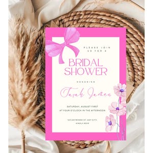 de Invitation de douche nuptiale de couleur rose | Faire-part de mariée floral modifiable | Bordure ondulée moderne imprimable | Carte de douche de mariée élégante