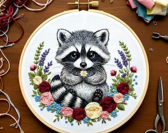 Baby Raccoon Embroidery Pattern, Floral Woodland Design (PDF template)