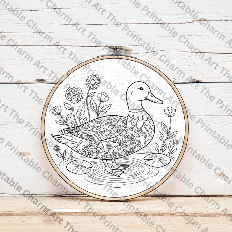 Mallard Duck Embroidery Pattern, Floral Animal Hoop Art Design, PDF ...