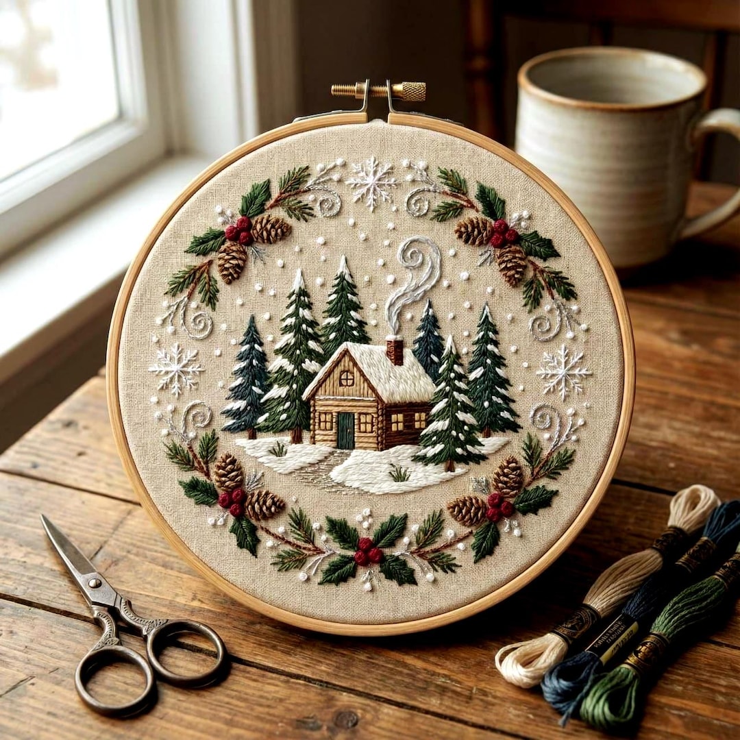 Snowy Cabin Embroidery Pattern • Winter Landscape (PDF Pattern) - Etsy
