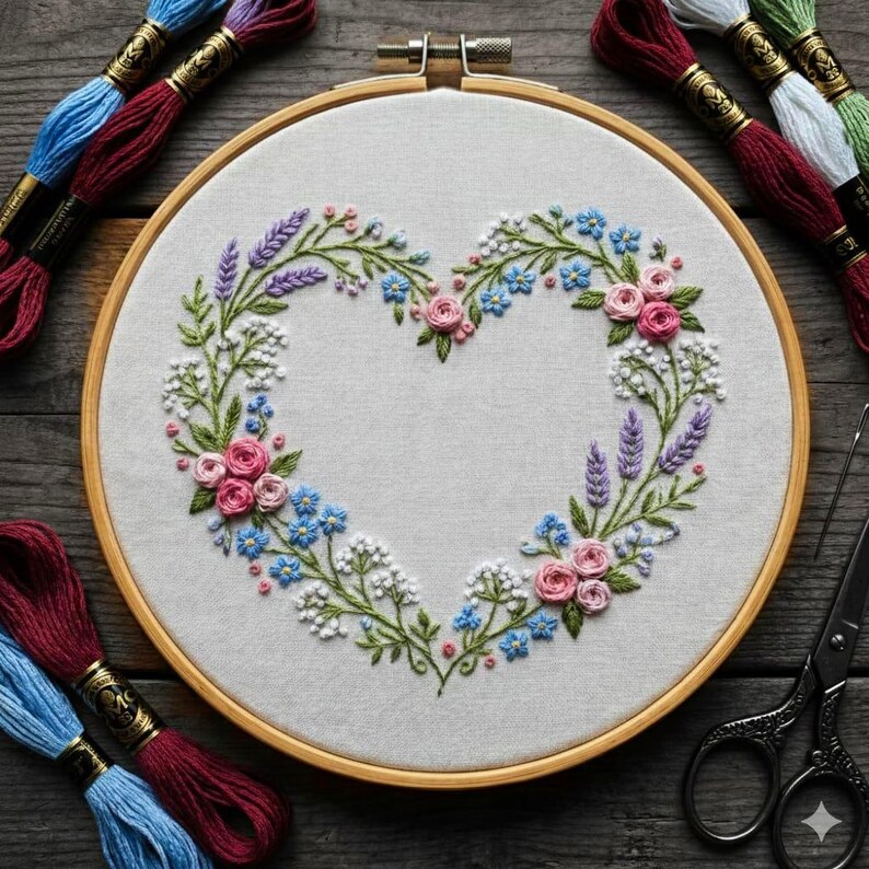 Floral Heart Wreath Embroidery Pattern - Romantic DIY Hand Embroidery ...