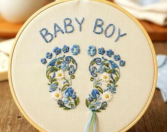 Baby Footprint Embroidery Pattern, Floral Newborn Keepsake, Name wall art (PDF Downloadable Template)