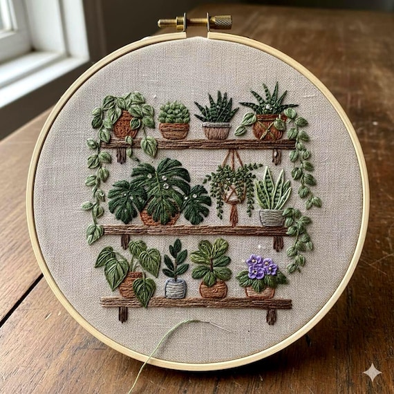 Houseplant Shelf Embroidery Pattern: Indoor Garden Design (PDF)