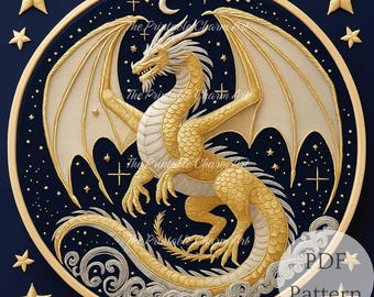Celestial Dragon Hand Embroidery Pattern: Mythical Fantasy Design (PDF Downloadable