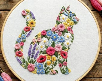 Floral Cat Embroidery Design File, Botanical Kitty Pattern, Nature Flowers Cat, Instant Download PDF