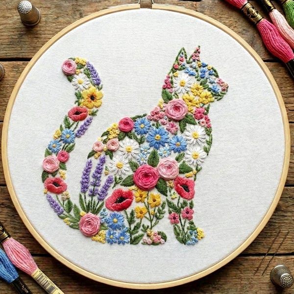 Floral Cat Embroidery Design File, Botanical Kitty Pattern, Nature Flowers Cat, Instant Download PDF