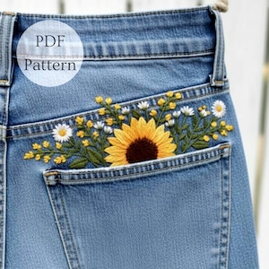 Sunflower Embroidery Pattern for Denim Pockets (Digital Download)