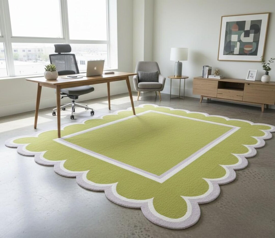 Hand Tufted Olive Green Scalloped Wool Rug | Modern Border Area Carpet ...
