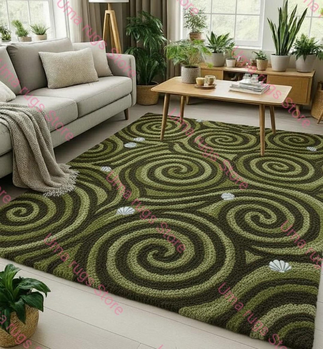 Hand Tufted Green Spiral Wool Rug, Modern Abstract Swirl Carpet, Nature ...