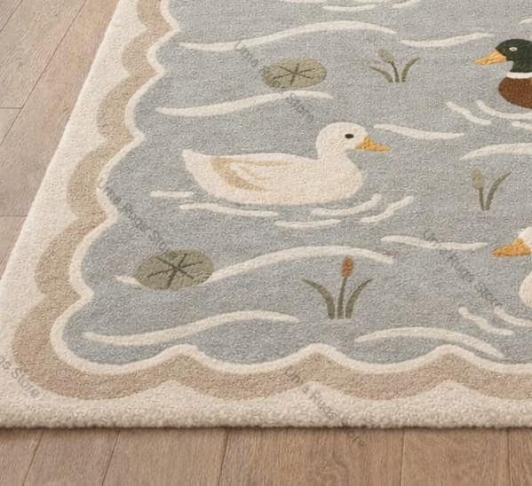 Duck Pond Rug, Nature Inspired Kids Room Carpet, Handmade Duck