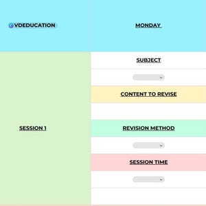 May include: A weekly planner with a light blue header for each day of the week, from Monday to Friday. The planner includes sections for subjects, content to revise, revision methods, and session times. The text "@VDEducation", "Session 1", and "BREAK" are also visible.