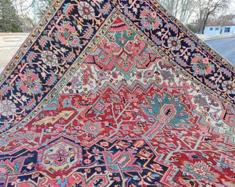Antique 8x11 heriz rug, square area rug, rug, mahal rug, heriz rug serapi, living room rug, living room decor, vintage rug