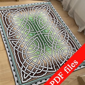 May include: A rectangular, hand-crocheted rug with a Celtic knot design. The rug features a central green and white pattern, framed by brown and white knotwork, with a teal and black border. The text "PDF files" is visible.
