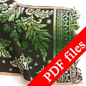 May include: A black and green embroidered textile with a fern and leaf pattern. The design features shades of green and white against a black background. The textile has a fringed edge and a decorative border. The words "PDF files" are visible in the image.