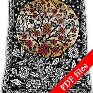 Puede incluir: Una manta estampada en blanco y negro con un diseño central de un árbol con flores rojas y naranjas sobre un fondo amarillo. La manta tiene un borde con flecos y un patrón geométrico repetitivo.