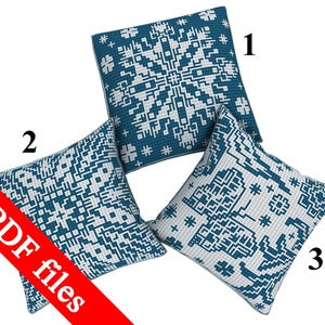 Può includere: Tre cuscini quadrati con motivi geometrici bianchi e verde acqua. I cuscini sono numerati 1, 2 e 3. L'immagine include anche il testo "PDF files" in rosso.