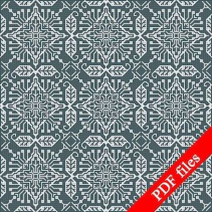 May include: A digitally rendered pattern in white on a teal background. The design features a repeating geometric motif with intricate details, resembling circuit board elements. A red diagonal banner in the bottom right corner reads "PDF files".