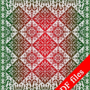 May include: A digitally created pattern featuring a symmetrical design in shades of red, green, and brown. The pattern is composed of geometric shapes and decorative elements, with a white background. The words "PDF files" are displayed diagonally across the image.