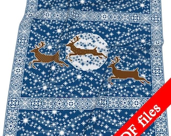May include: A blue blanket with a repeating pattern of white snowflakes and decorative borders. The blanket features three brown reindeer leaping across a white circle. The words "PDF files" are printed diagonally across the bottom right corner.