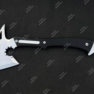 Handmade steel hatchet collectible for cosplay and gaming display with sleek black coated finish.