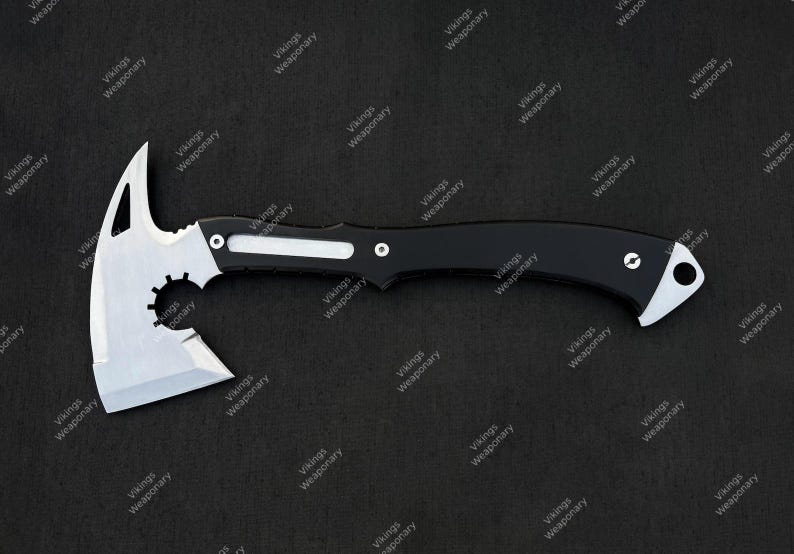 Handmade steel hatchet collectible for cosplay and gaming display with sleek black coated finish.