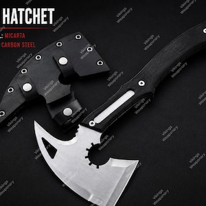 Handmade Leon Kennedy inspired hatchet replica featuring black coated steel and premium micarta handle with tactical gaming design.