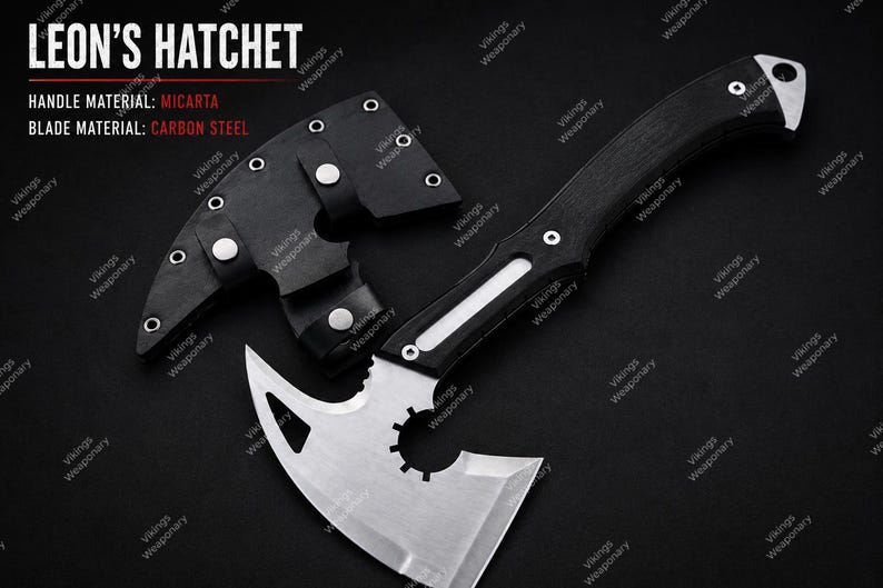 Handmade Leon Kennedy inspired hatchet replica featuring black coated steel and premium micarta handle with tactical gaming design.