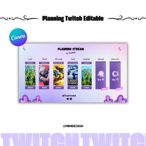 May include: Purple and white Twitch stream schedule template with a planning stream title and a list of games and times. The games listed are Fortnite, Valorant, Marvel's Spider-Man, League of Legends, and Fortnite. The times listed are 20:00, 15:00, 22:00, 14:00, and 12:00. The template also includes a day off option.