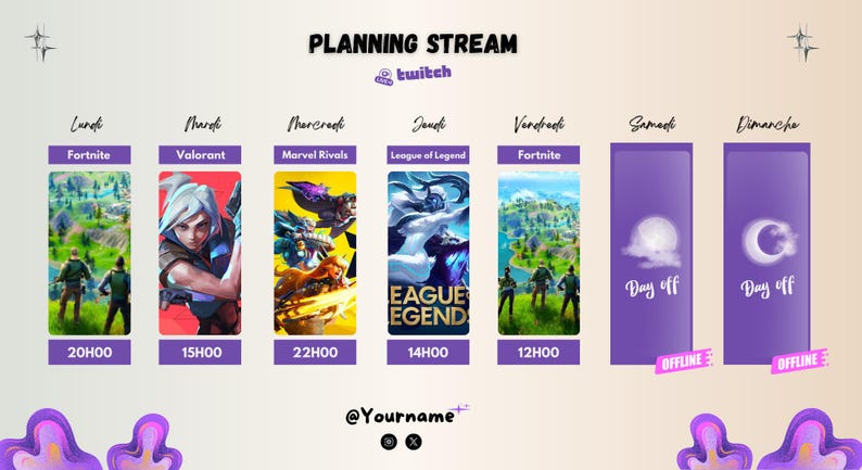 May include: A purple and white planning stream schedule for Twitch with the text "PLANNING STREAM" and "twitch" in white. The schedule lists the days of the week and the games that will be streamed each day, including Fortnite, Valorant, Marvel Rivals, League of Legend, and Day Off. The schedule also includes the time of each stream.