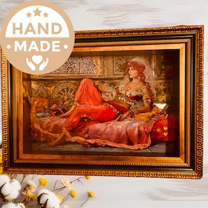 Handmade 3D Relief Wall Art,Elegant Female Figure,Luxury Decor with Natural Hair,Zircon Jewelry,Premium Gold-Framed Art,Unique Home Decor