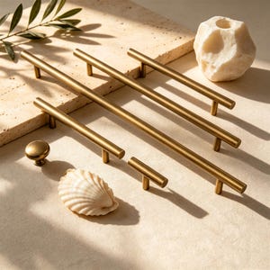 May include: A collection of brass-colored cabinet hardware, including several bar pulls, a round knob, and a small T-pull. A seashell and a decorative stone are also present. The hardware is arranged on a light-colored surface, with shadows.