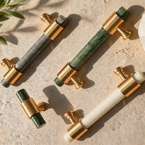 Tiradores de mármol y latón en forma de T / Tiradores para cajones / Tiradores largos / Tiradores de mármol para cómodas / Tiradores de mármol para puertas / Tiradores de cocina / Tiradores para armarios / Tiradores para muebles