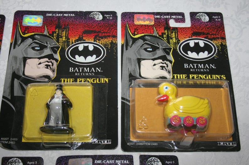 Batmobile FIVE Vintage ERTL Batman 1992 Die Cast Metal Toy Toys Batman Penguin Batskiboat NIP Duck Vehicle
