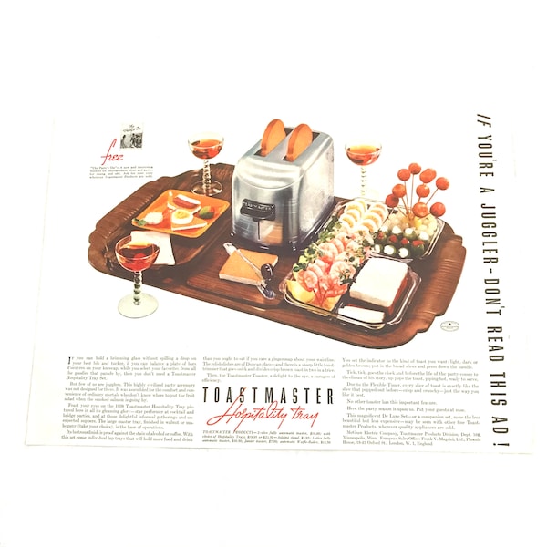 Vintage Original Magazine Ad Advertisement, Toastmaster Hospitality Tray Set, 1930s, Kitchen, Appliance