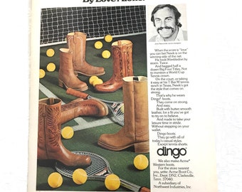 Vintage Dingo Western Boots, John Newcombe, Tennis Champion, Original Magazine, Advertisement Ad, 1970s