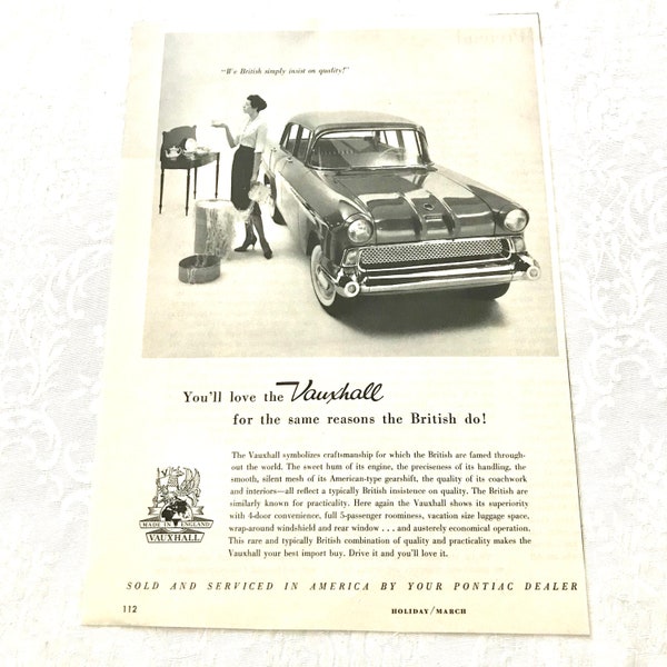 Vintage 1950s Vauxhall, British, England, Car Vehicle Original Magazine Ad Advertisement