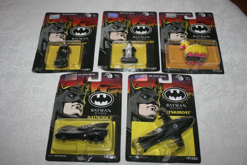 Batmobile FIVE Vintage ERTL Batman 1992 Die Cast Metal Toy Toys Batman Penguin Batskiboat NIP Duck Vehicle