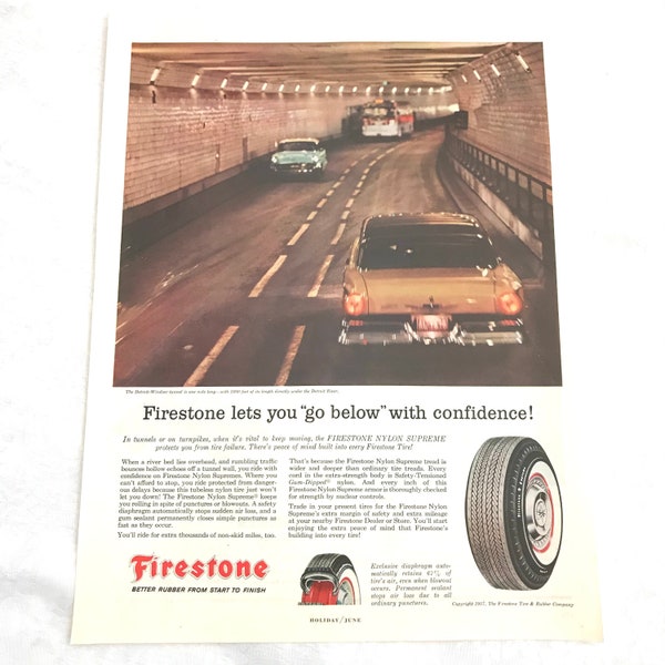 Vintage Original Magazine Ad Advertisement, Firestone, Detroit Windsor Tunnel, Tires, Automobile, Vehicle, 1957, 1950s