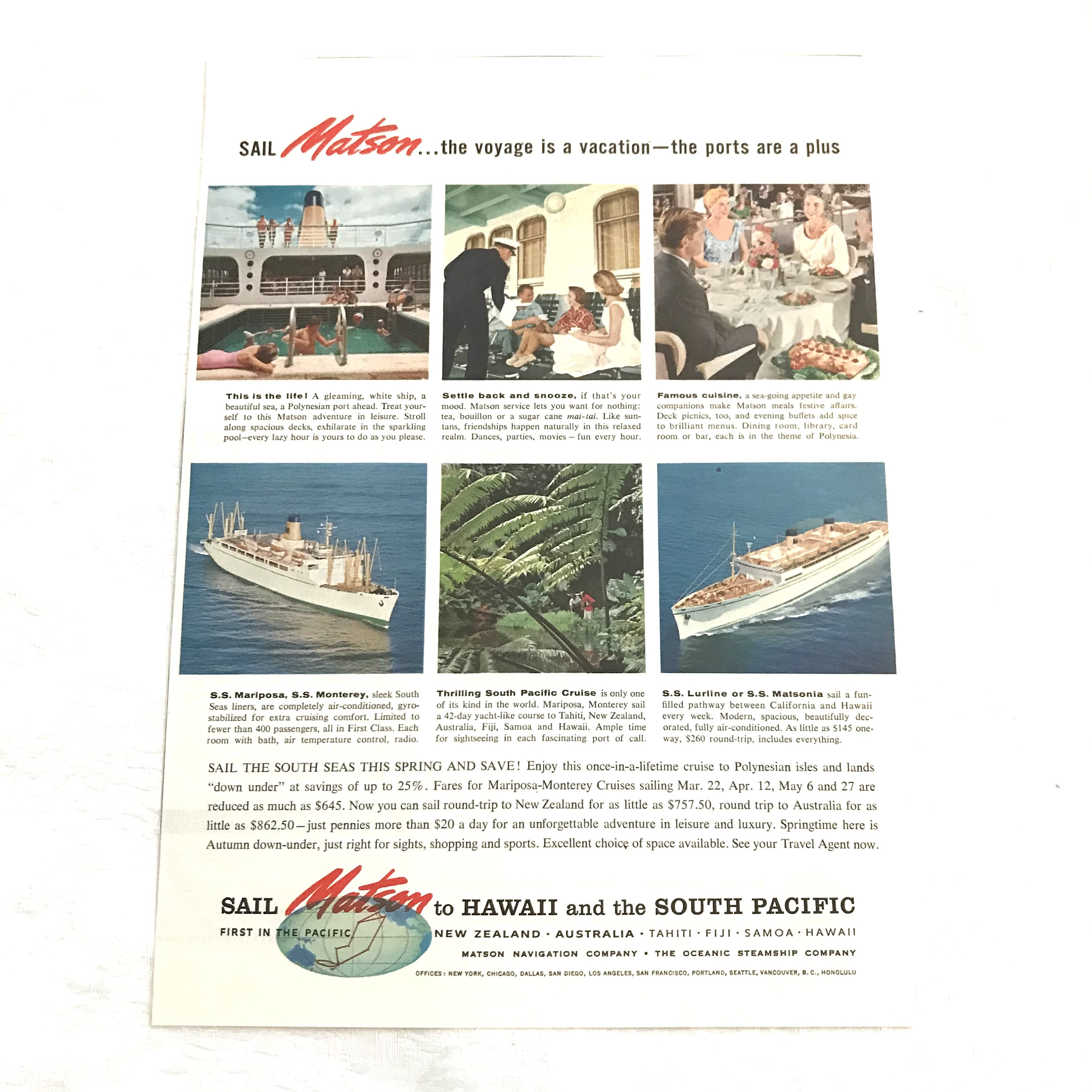 Vintage Original Magazine Ad Advertisement, Matson, Steamship, Company,  Travel, Tourism, Tourist, Hawaii, South Pacific, 1950s - Etsy