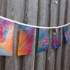 OM MANI padme hum flags / buddhist prayer flags / sacred mantra banner / meditation wall decor / peace dove symbol / yoga room banner /
