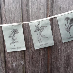 May include: A string of five flags with botanical illustrations and names. The flags are white with black ink and are strung on a white ribbon. The flags feature illustrations of dandelion, calendula, vinca, and cornflower.
