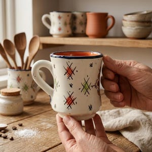 Taza de cerámica marroquí pintada a mano, taza de café con estampado bereber, cerámica artesanal estilo boho para la cocina.