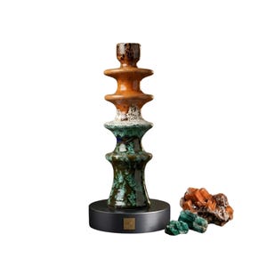 Handmade Ceramic Candlestick | Sculptural Taper Candle Holder in Orange and Green | Unique Luxury Home Decor | Artisan Pottery Art Piece