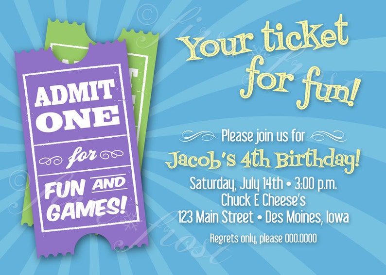 kids birthday ticket invitation games pizza arcade ticket etsy