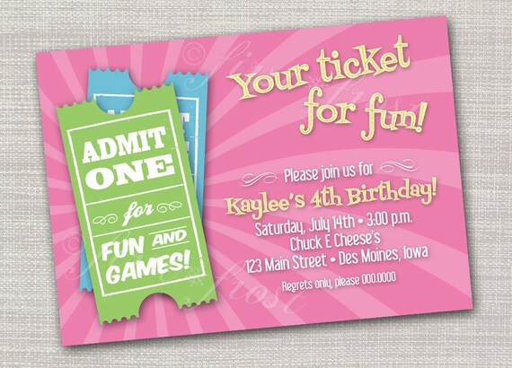 kids birthday ticket invitation games pizza arcade ticket for fun